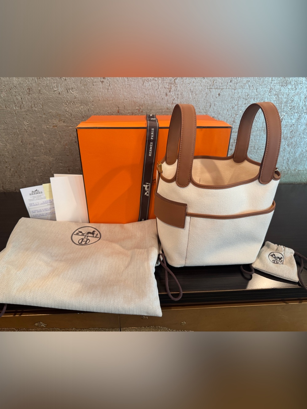 Hermes Picotin 18 Ecru with Brown Leather Trim, and Gold hardware. Brand new.